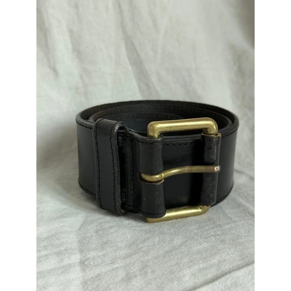 Vintage Black Leather Wide Waist Belt Gold Roller Buckle Dark Academia Goth M